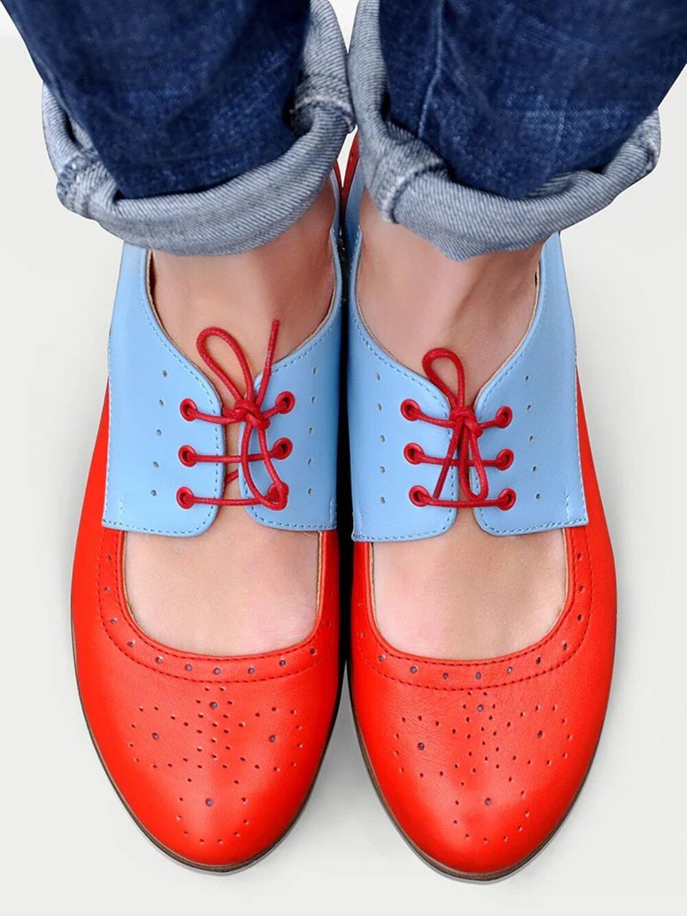Leather Sky Blue and Red Summer Oxford, Size 9.5/40, Women's